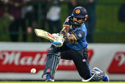 Sri Lanka's captain Charith Asalanka in action during the second One-Day International (ODI) cricket match against West Indies at the Pallekele International Cricket Stadium in Kandy on Wednesday.