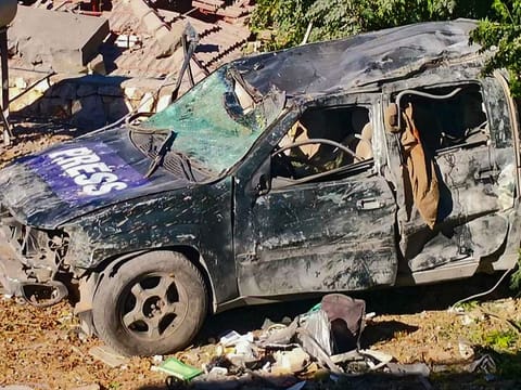 This picture shows a car marked "Press" at the site of an Israeli airstrike that targeted an area where a number of journalists were located in the southern Lebanese village of Hasbaya on October 25, 2024.