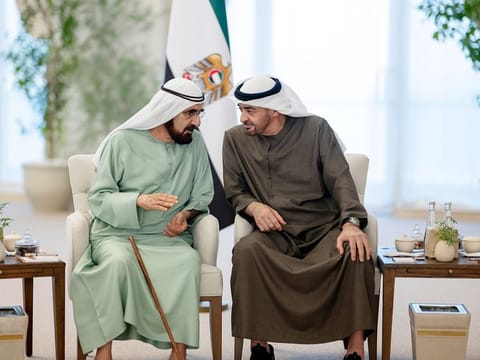 Sheikh Mohamed bin Zayed Al Nahyan (R) meets with Sheikh Mohamed bin Rashid Al Maktoum (L) at Qasr Al Bahr in Abu Dhabi.