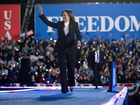 US Vice President and Democratic presidential candidate Kamala Harris waves as she arrives onstage to speak on The Ellipse just south of the White House in Washington, DC, on October 29, 2024.
