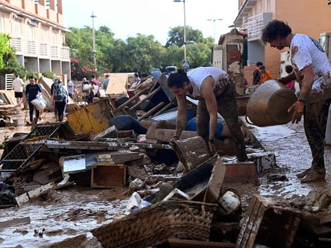 This picture taken on November 1, 2024 shows the devastating effects of flooding on a residential area in the town of Massanassa, in the region of Valencia, eastern Spain.