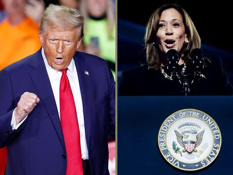 Left: Former US President and Republican presidential candidate Donald Trump speaks during a campaign rally at Van Andel Arena in Grand Rapids, Michigan on November 4, 2024. Right: US Vice President Kamala Harris speaks during a campaign event outside the Philadelphia Museum of Art in Philadelphia, Pennsylvania, on November 4, 2024.
