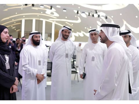 Sheikh Hamdan and Sheikh Mansoor speaking to the attendees of the Dubai Sports Retreat at the Museum of the Future on Tuesday.