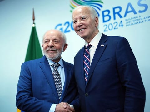 US President Joe Biden and Brazilian President Luiz Inacio Lula da Silva meet during a working lunch at the G20 Leader’s Summit at the Museum of Modern Art in Rio de Janeiro, Brazil on Tuesday, November 19, 2024.