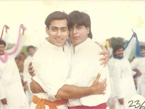 Salman and Shah Rukh Khan in a scene from 'Karan Arjun.'