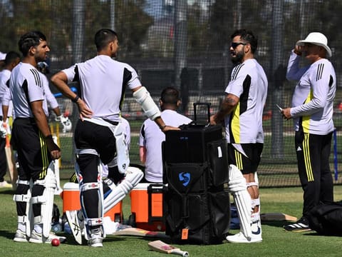 Indias Virat Kohli (left) with teammates during a practice session at the Optus Stadium in Perth on Wednesday.