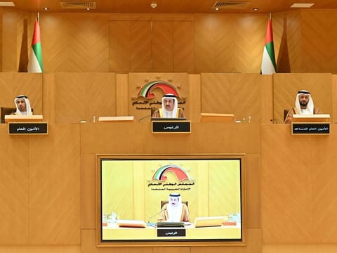 FNC Speaker Saqr Gobash (centre) during the second ordinary session of the 18th legislative chapter