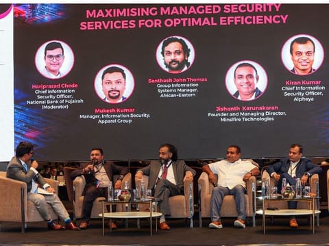 Hariprasad Chede, Chief Information Security Officer, National Bank of Fujairah, Mukesh Kumar, Manager, Information Security, Apparel Group, Santhosh John Thomas, Group Information Systems Manager, African+Eastern, Jishanth Karunakaran, Founder and Managing Director, Mindfire Technologies, and Kiran Kumar, Chief Information Security Officer, Alpheya, at Gulf News' Cybersecurity Forum