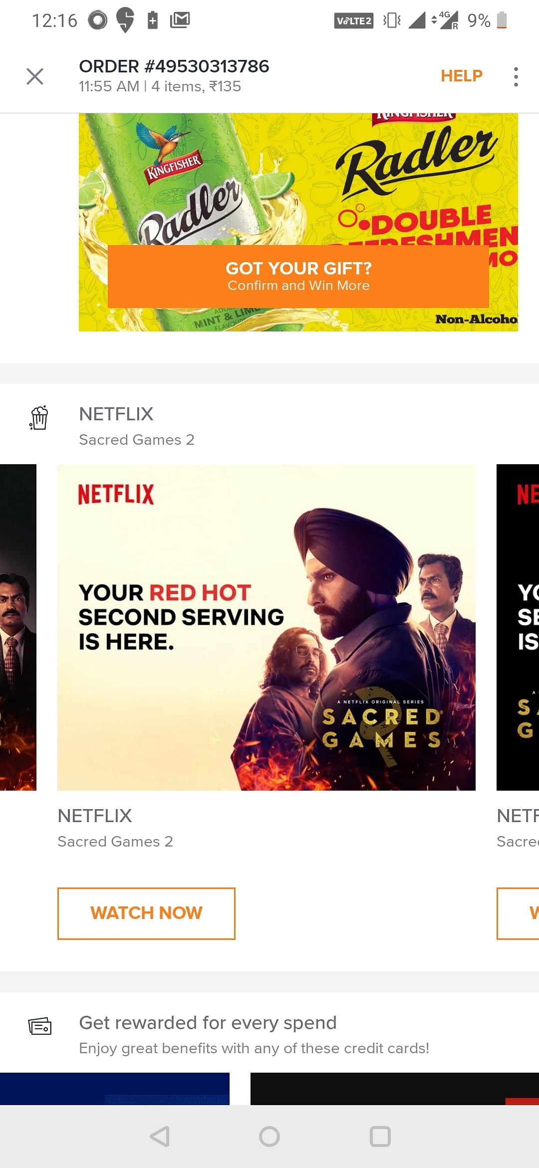 An ad for Netflix's Sacred Games on Swiggy
