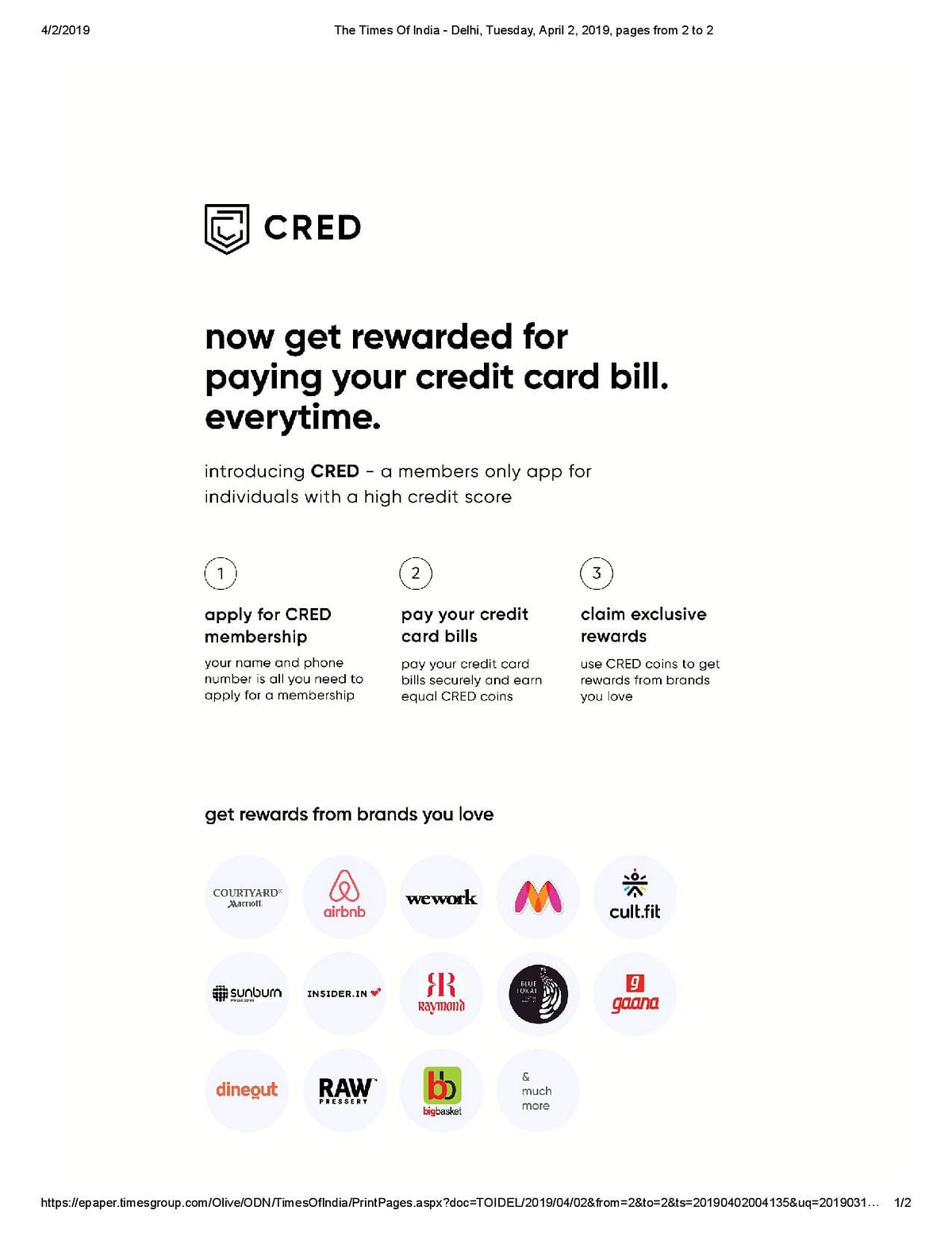 Cred's full page ad in TOI