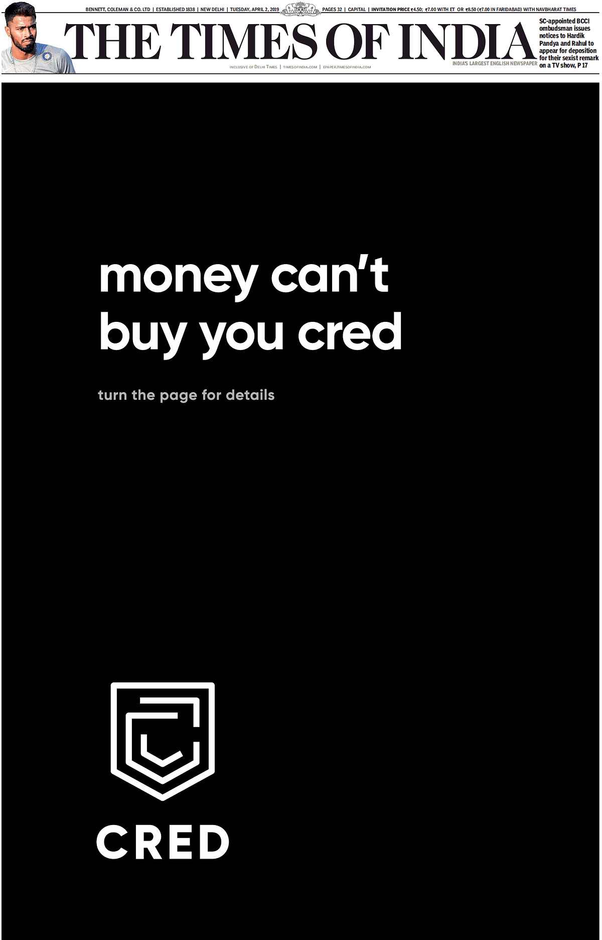 Cred's full page ad on Times of India