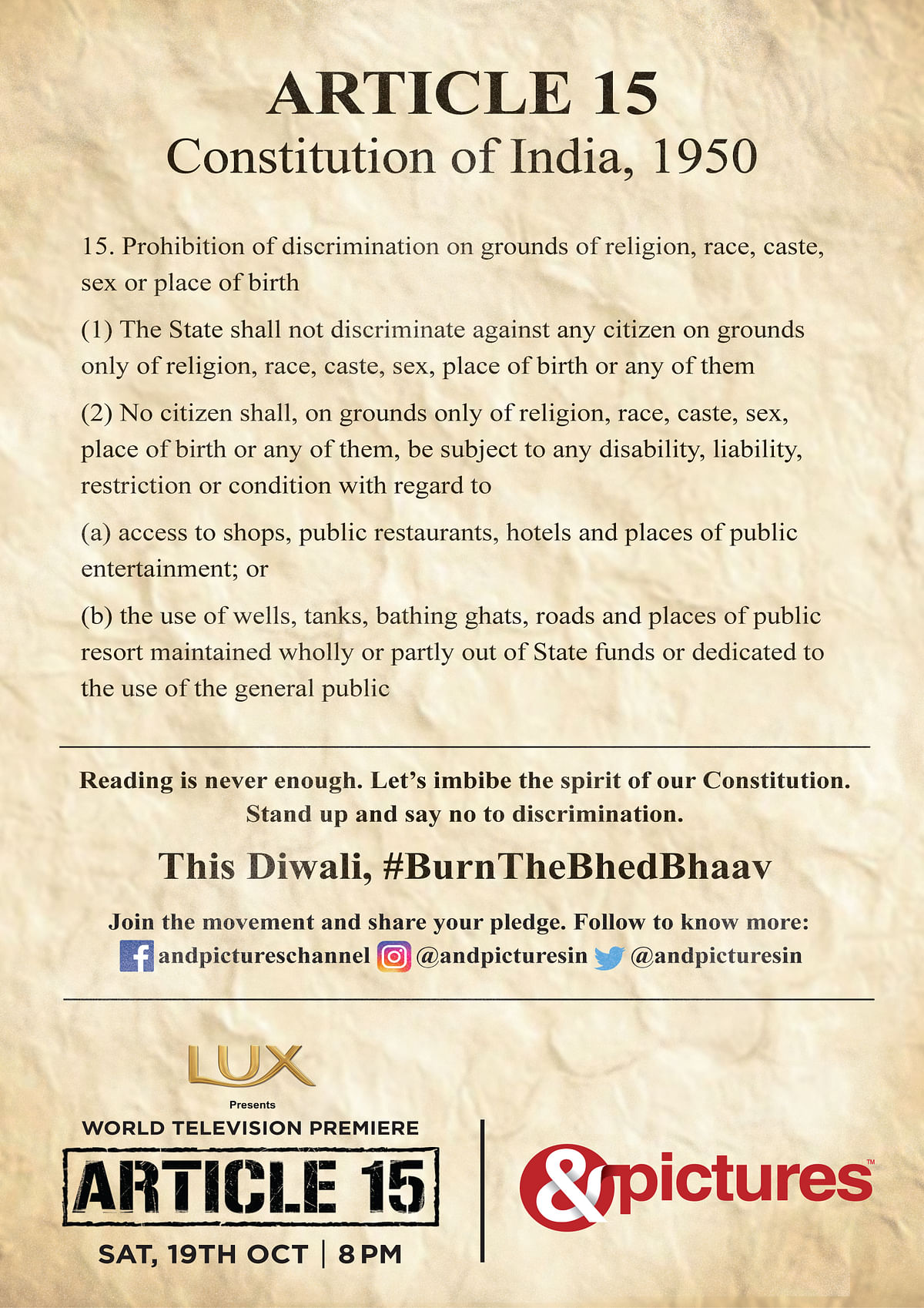 This Diwali #BurnTheBhedBhaav as &pictures urges the nation to stand against discrimination with Article 15 on 19thOctober