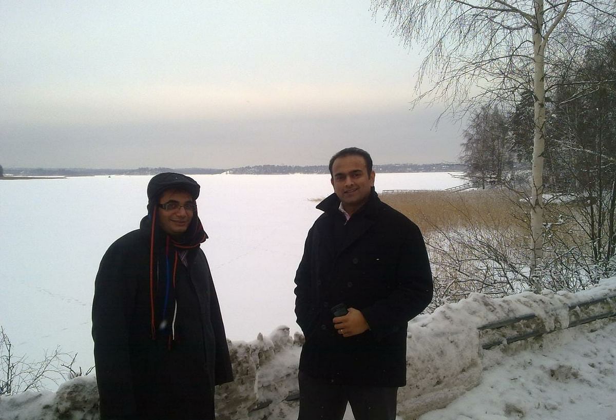 Vishal Gondal (L) and Samir Bangara in Finland for a business meeting with Nokia in January , 2010.