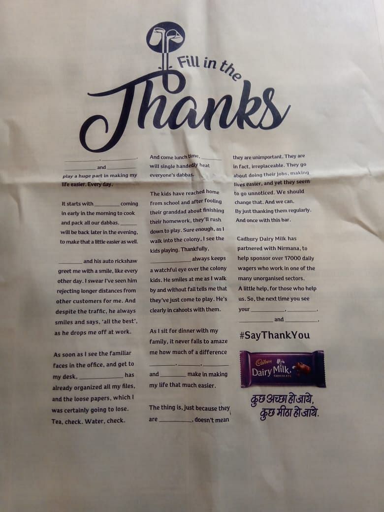Cadbury Dairy Milk's 'Fill in the Thanks' print ad urges us to thank the daily wagers in our lives