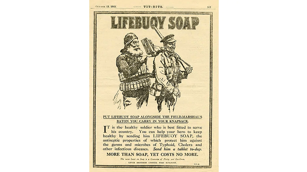 1915- soldiers fighting in the First World War were sent bars of Lifebuoy soap.