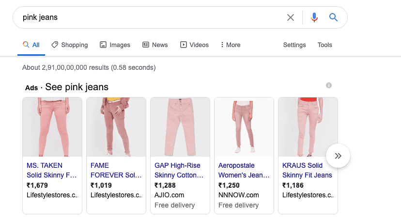 An example of ads shown next to a search query 
