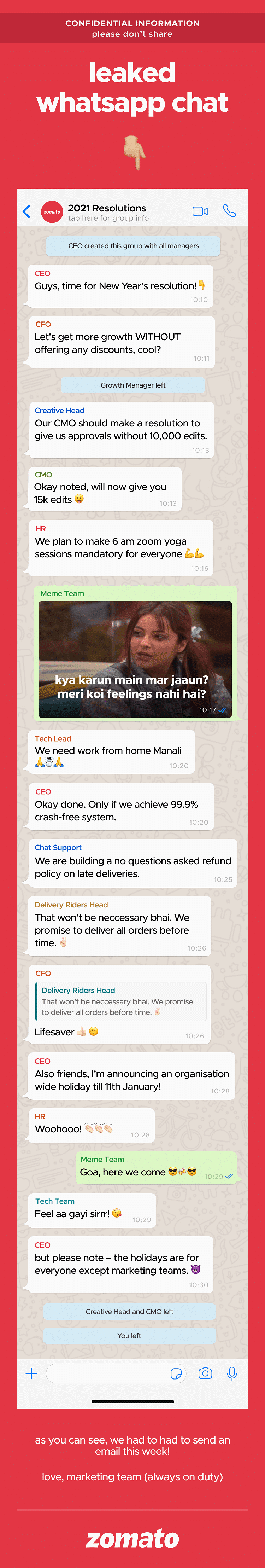 Zomato 'leaks' "confidential" marketing WhatsApp chat in mailer campaign