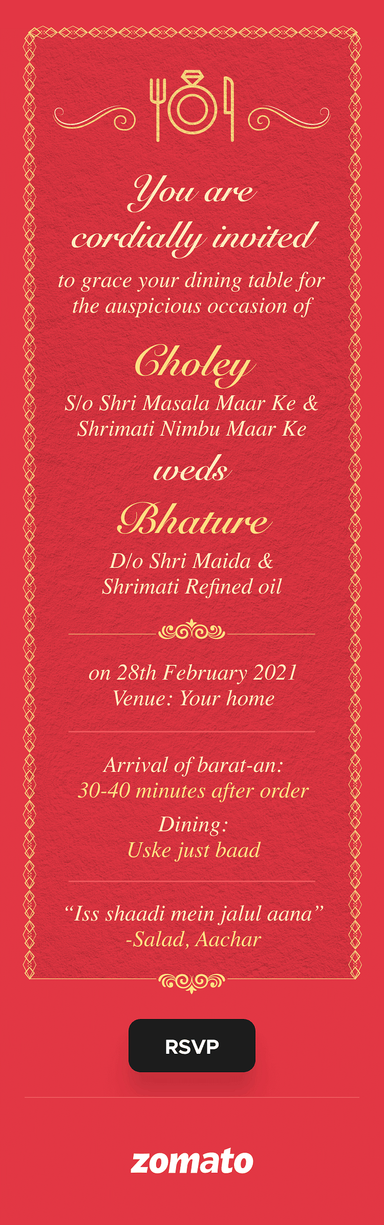 Zomato invites you to Bhature and Chole's wedding...