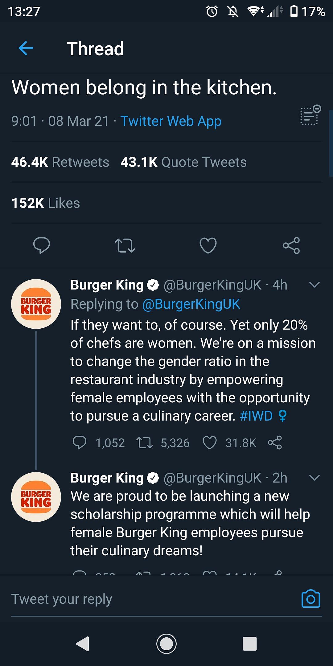 Burger King UK apologises after its Women’s Day tweet is dubbed sexist and tone-deaf