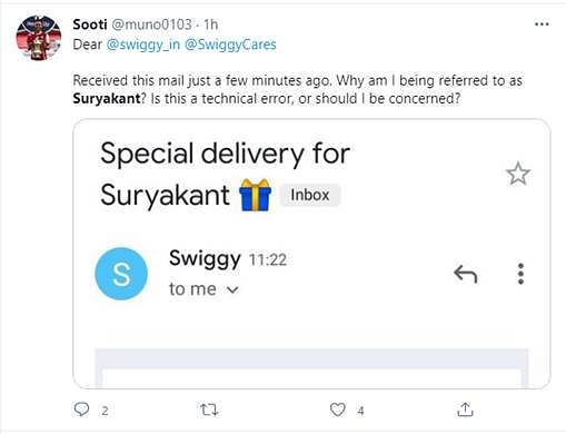 Why is Swiggy addressing all its users as 'Suryakant'?