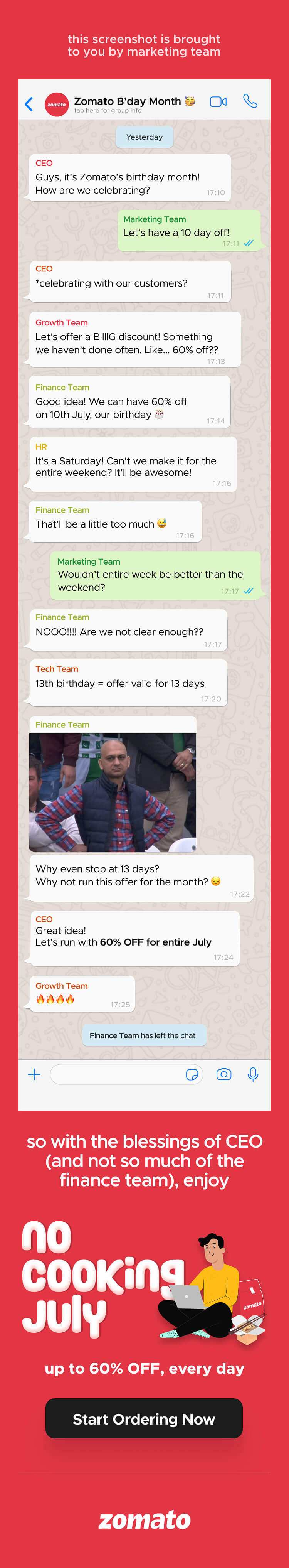 Zomato’s ‘leaked’ WhatsApp chat reveals the brainstorming behind its birthday month gift for users