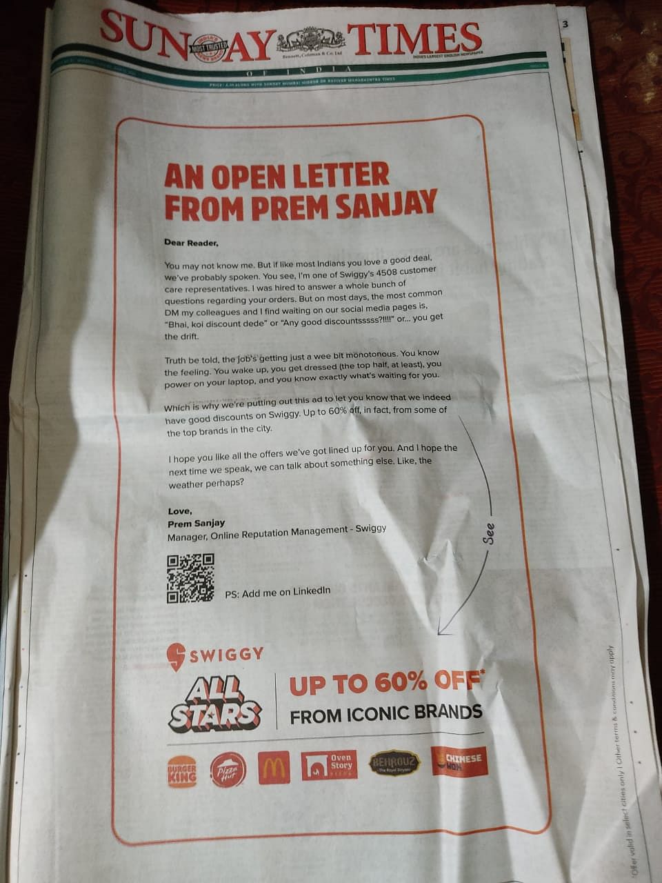 FYI, Swiggy now offers up to 60% off; ORM manager “Prem Sanjay” wants you to stop pestering them for it