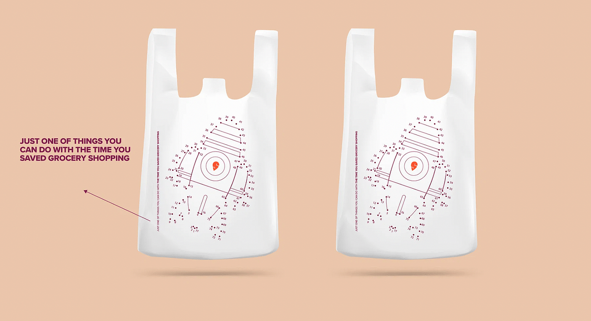 Connect the dots game seen on a Swiggy Instamart bag