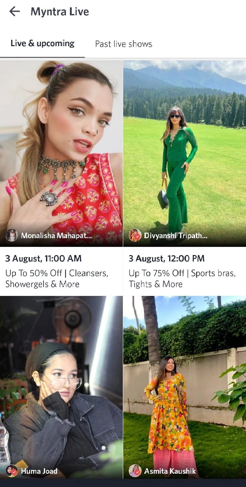 A screenshot of the 'live' section of Myntra's app