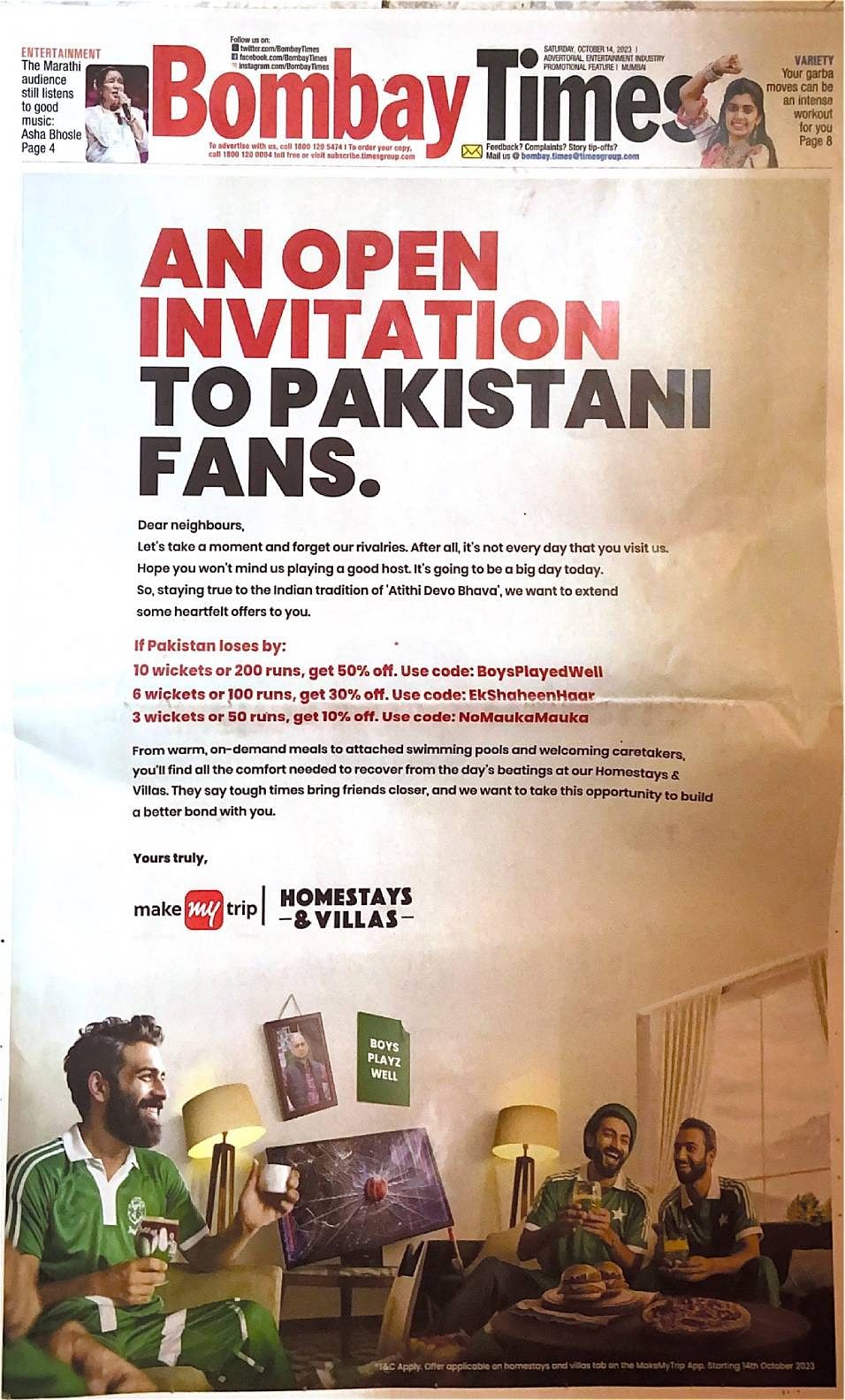 Cleartrip takes aim at MakeMyTrip following the latter's divisive print ad for India vs Pakistan