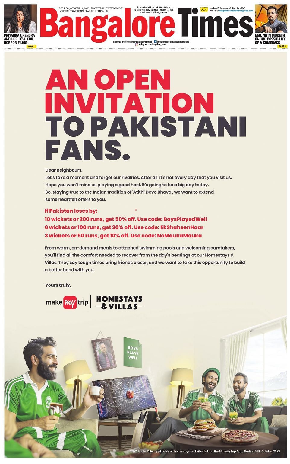 MakeMyTrip’s print ad for the India-Pakistan match books a flurry of pats and jabs