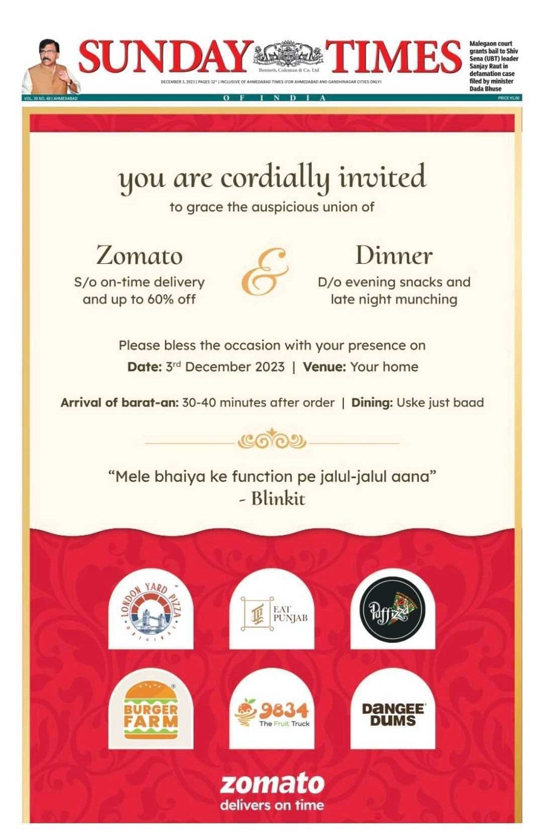Is Zomato inviting you to its wedding?