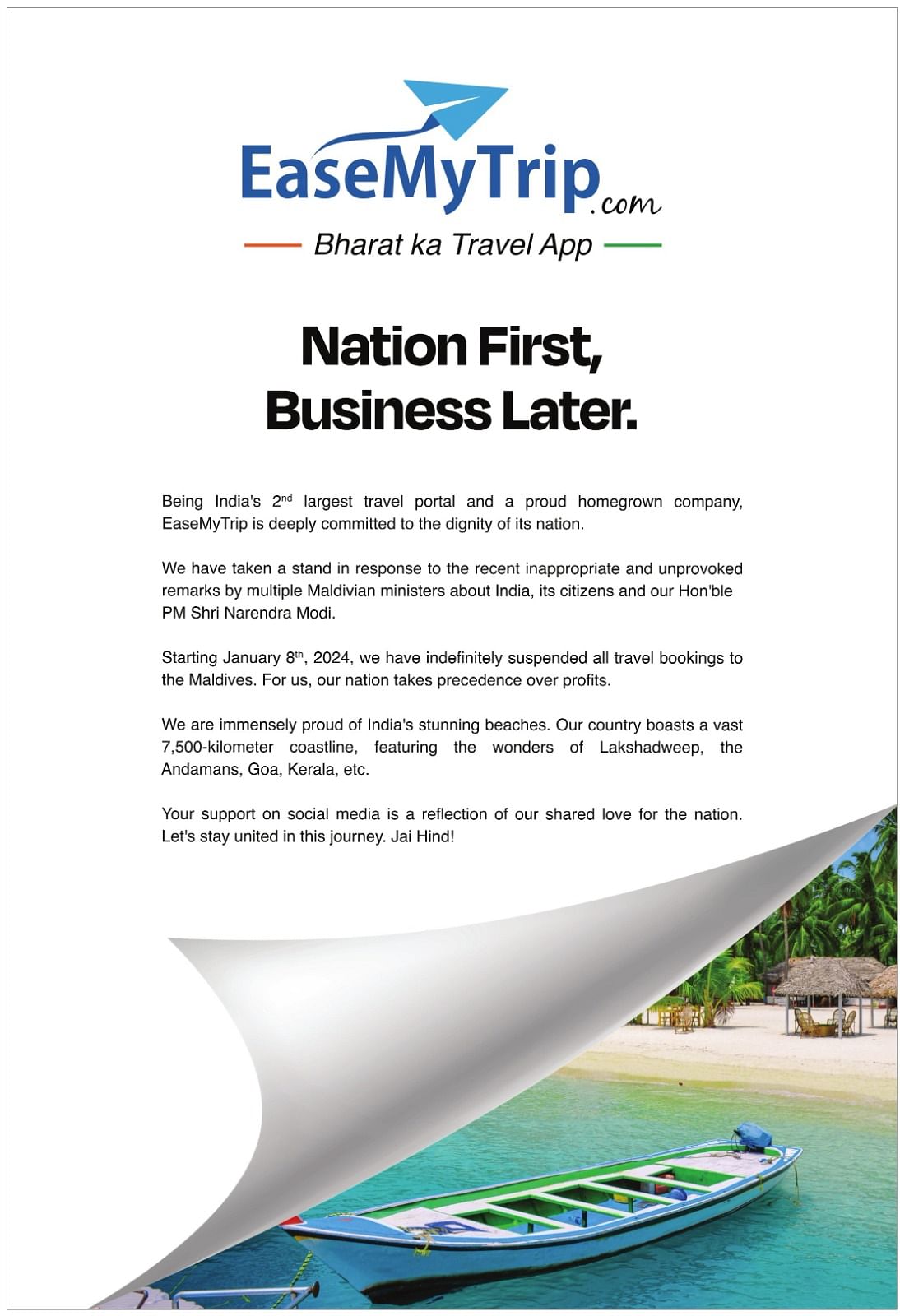 EaseMyTrip reiterates its decision to suspend all travel bookings to the Maldives with a print ad