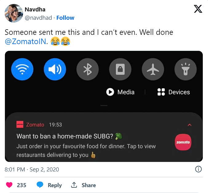 The push notification was sent an hour or two after the Indian government banned PUBG and other Chinese apps.