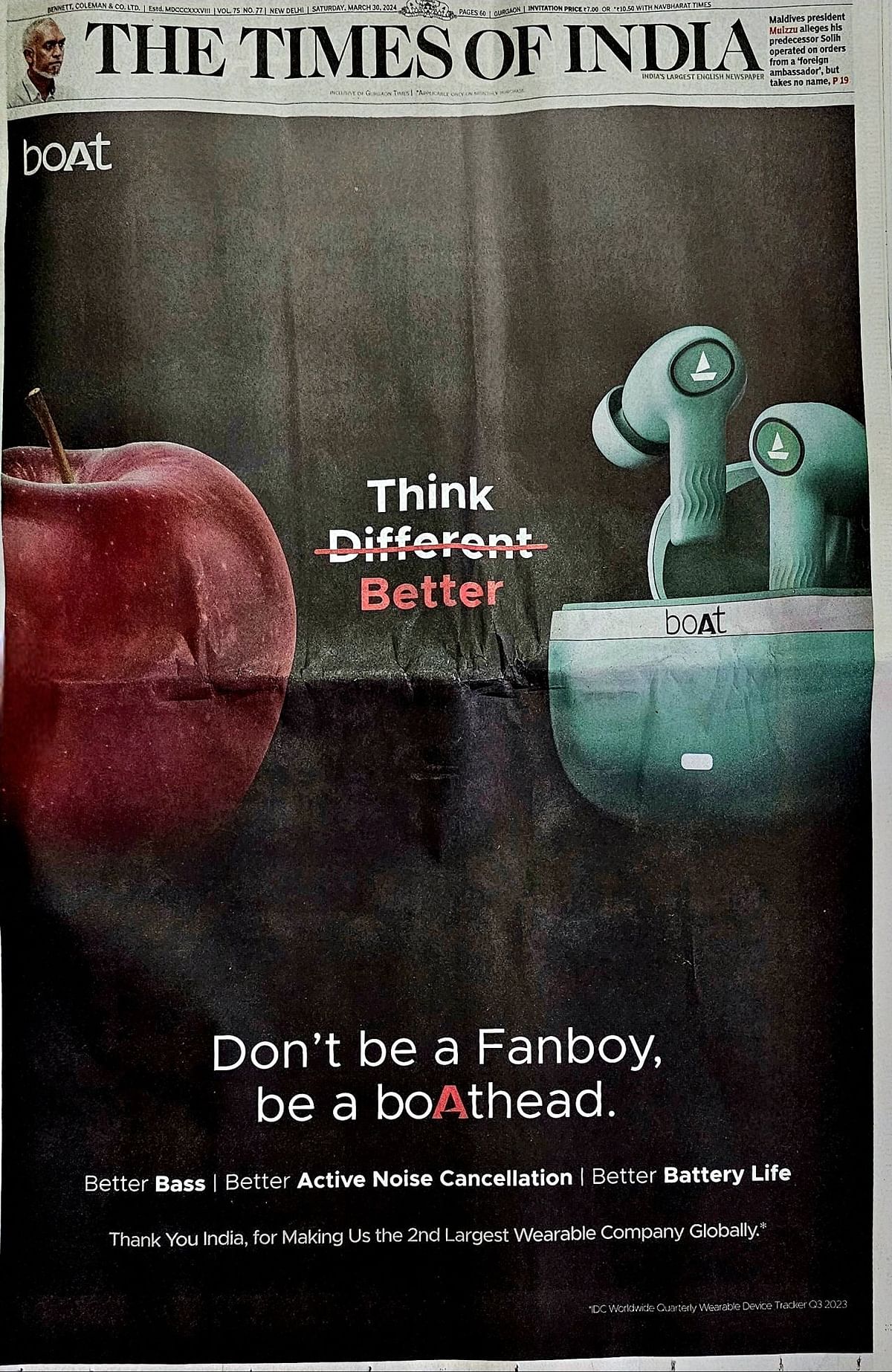 boAt's print ad takes a dig at Apple