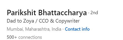 Parikshit Bhattaccharya's LinkedIn bio