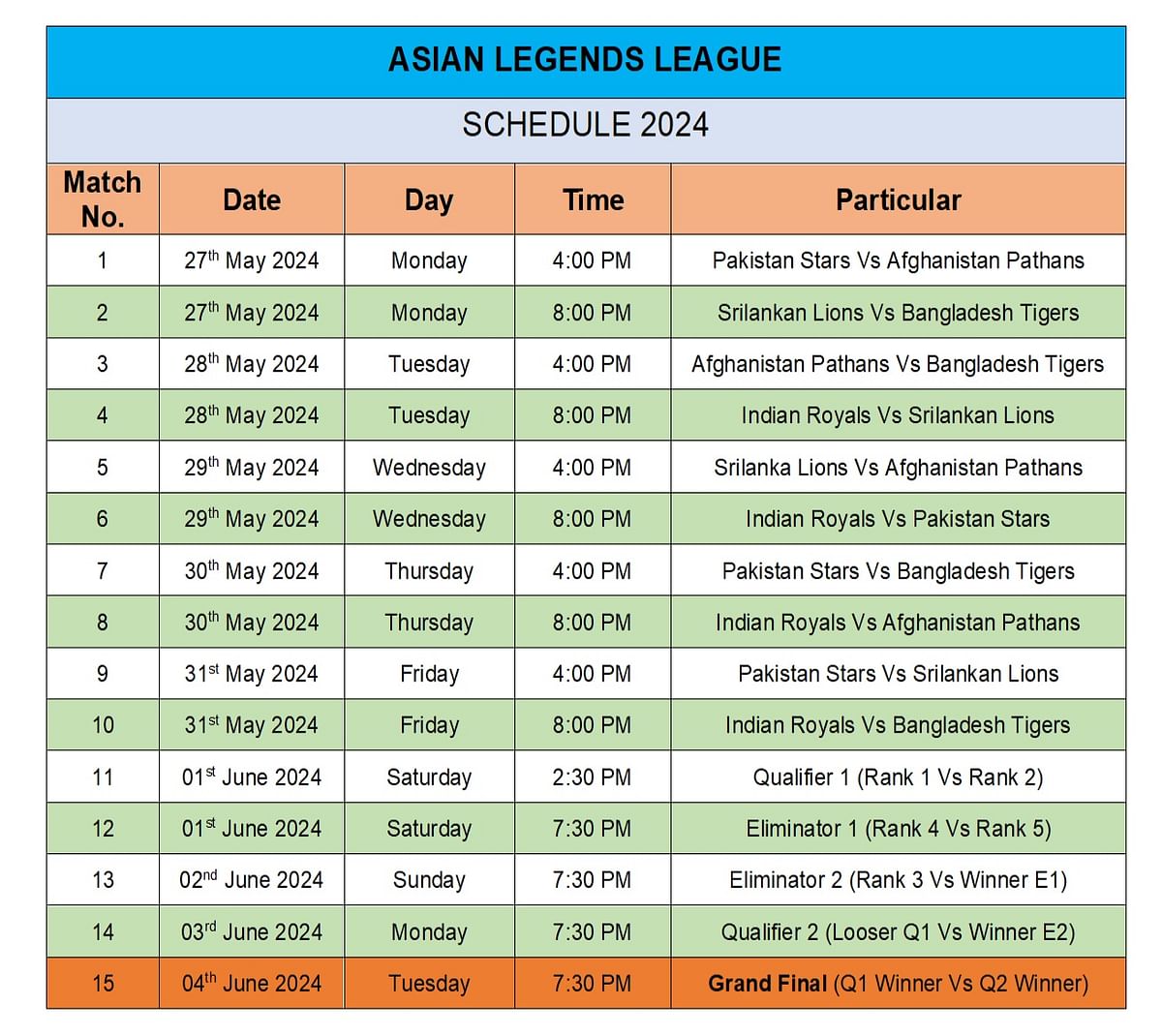 Asian Legends League's schedule