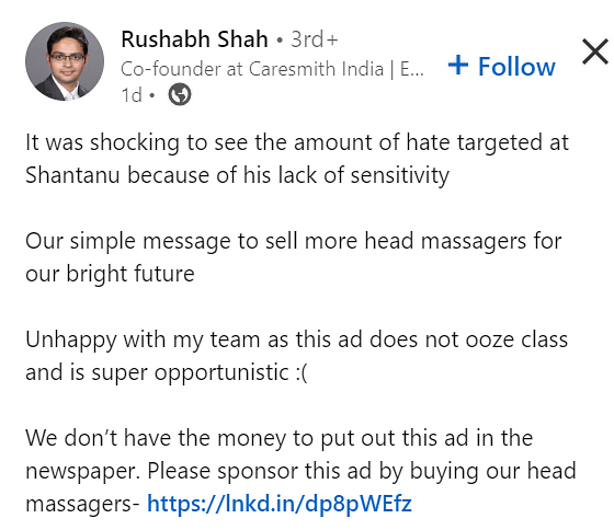 LinkedIn post by Rushabh Shah, co-founder of Caresmith