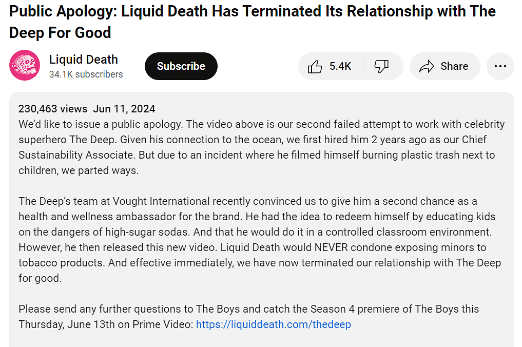 Apology note in Liquid Death's YouTube video caption