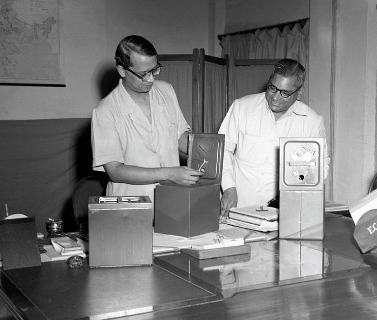 Examination of samples of ballot boxes specially designed by Godrej for use in India’s first general elections in 1951