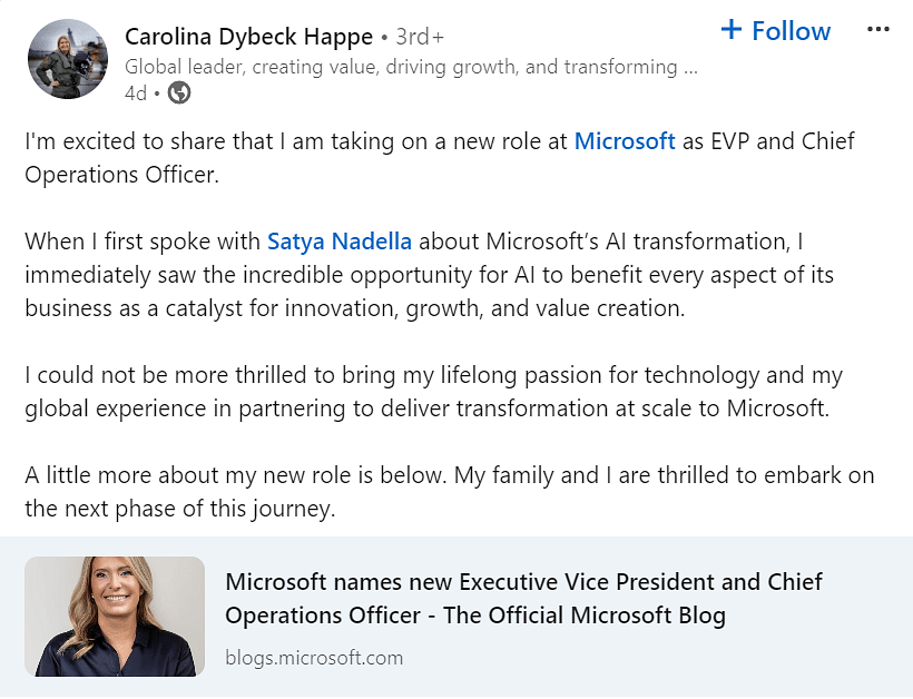 Microsoft appoints Carolina Dybeck Happe as EVP and chief operations officer