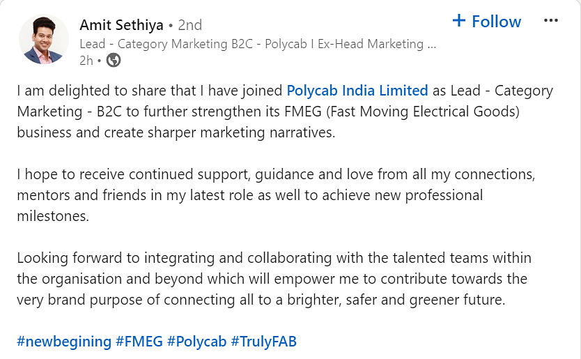 Former Syska marketing head Amit Sethiya joins Polycab India