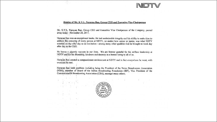 NDTV Group CEO and executive vice chairperson KVL Narayan Rao is no more
