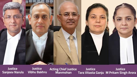 Acting Chief Justice Manmohan, Justice Vibhu Bakhru, Justice Sanjeev Narula, Justice Tara Vitasta Ganju and Justice Manmeet Pritam Singh Arora