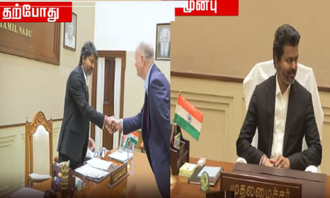 தலைமைசெயலகத்தில் நாற்காலியில் வெள்ளை துண்டை அகற்றிய முதல்-அமைச்சர் விஜய்