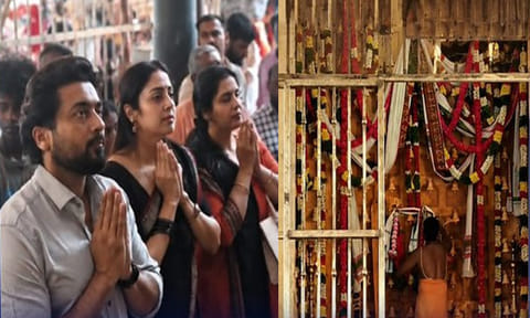 மதுரை கருப்பண்ணசாமி சன்னதியில் சூர்யா - ஜோதிகா தம்பதியினர் சாமி தரிசனம்