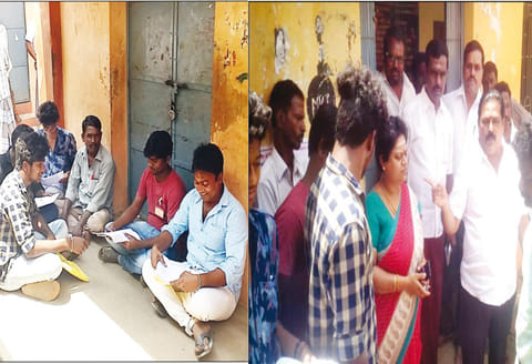 பள்ளியில் வகுப்பறை திறக்கப்படாததால் தரையில் அமர்ந்து மனுக்களை பெற்ற வாக்குச்சாவடி அலுவலர்கள்