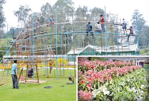 மலர் கண்காட்சியில் இந்த ஆண்டு சிறப்பு, பூ அருவி, மலர் நாடாளுமன்றம் - வடிவமைக்கும் பணி மும்முரம்