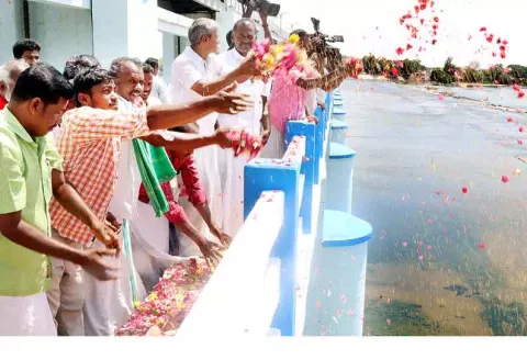 முக்கொம்பு மேலணையில் காவிரி தண்ணீரை வரவேற்ற விவசாயிகள்