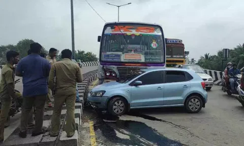 மோதிவிட்டு நிற்காமல் சென்ற பஸ்சை காரால் மறித்தவரால் பரபரப்பு