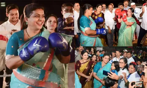மந்திரி ரோஜா பெண்களுடன் குத்துச்சண்டை ;எதிராளி முகத்தில் குத்துவிட்டார்